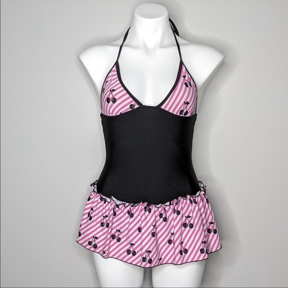 Bettie Paige one piece bathing suit, cherries, ruffled skirt - pin up - retro - Picture 2 of 8